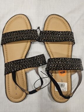 Size 11 Wide Black Embellished Double-Strap Sandals - Like NEW